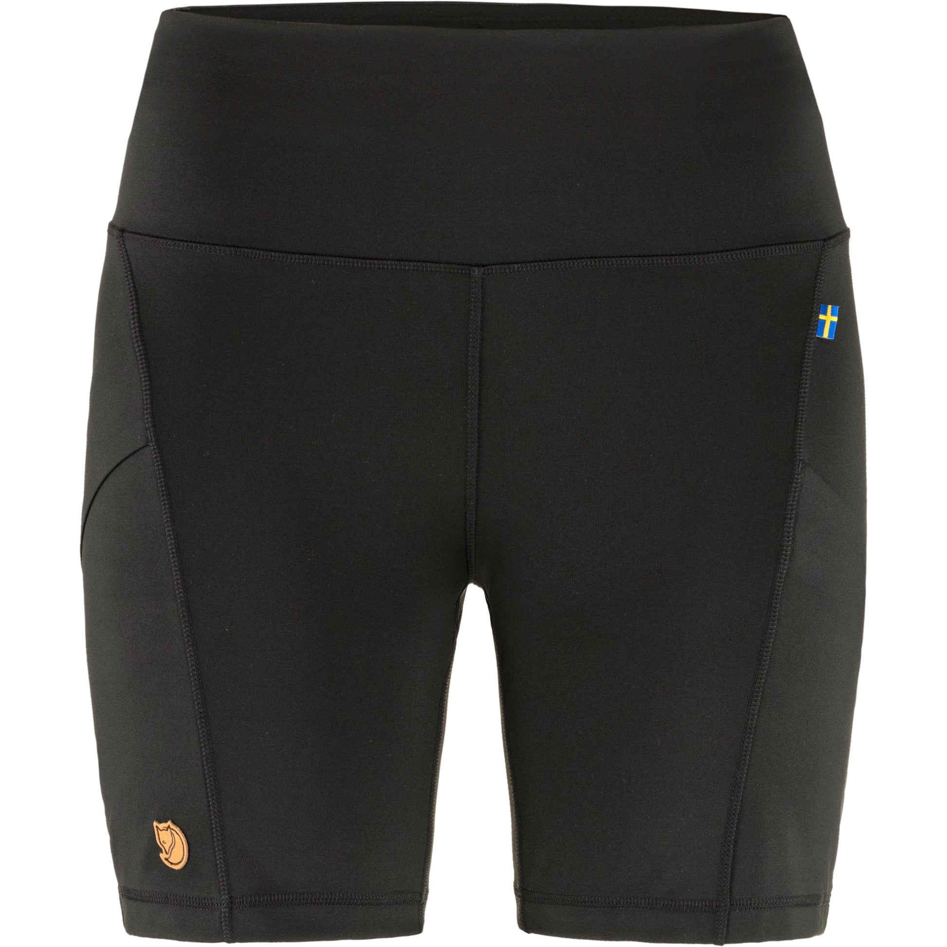 Black athletic shorts with a brand logo on a white background