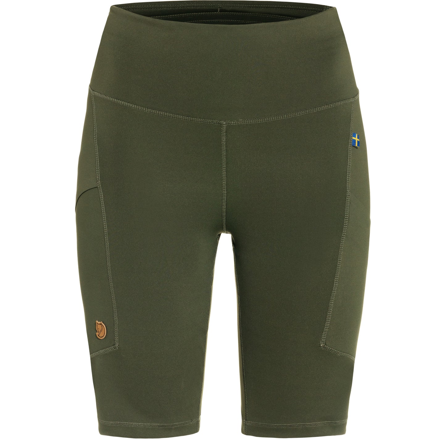 Green shorts with brand logo on a white background