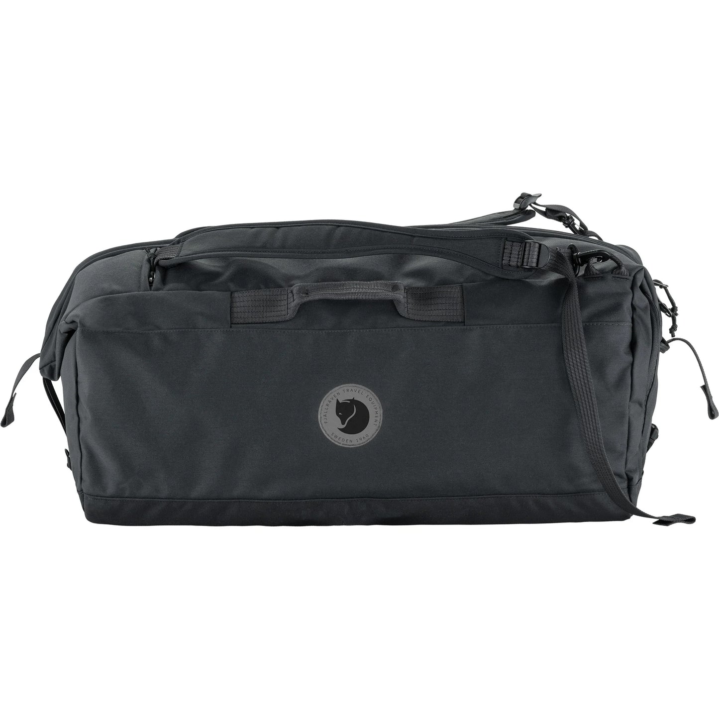 Black duffel bag with a logo on a white background