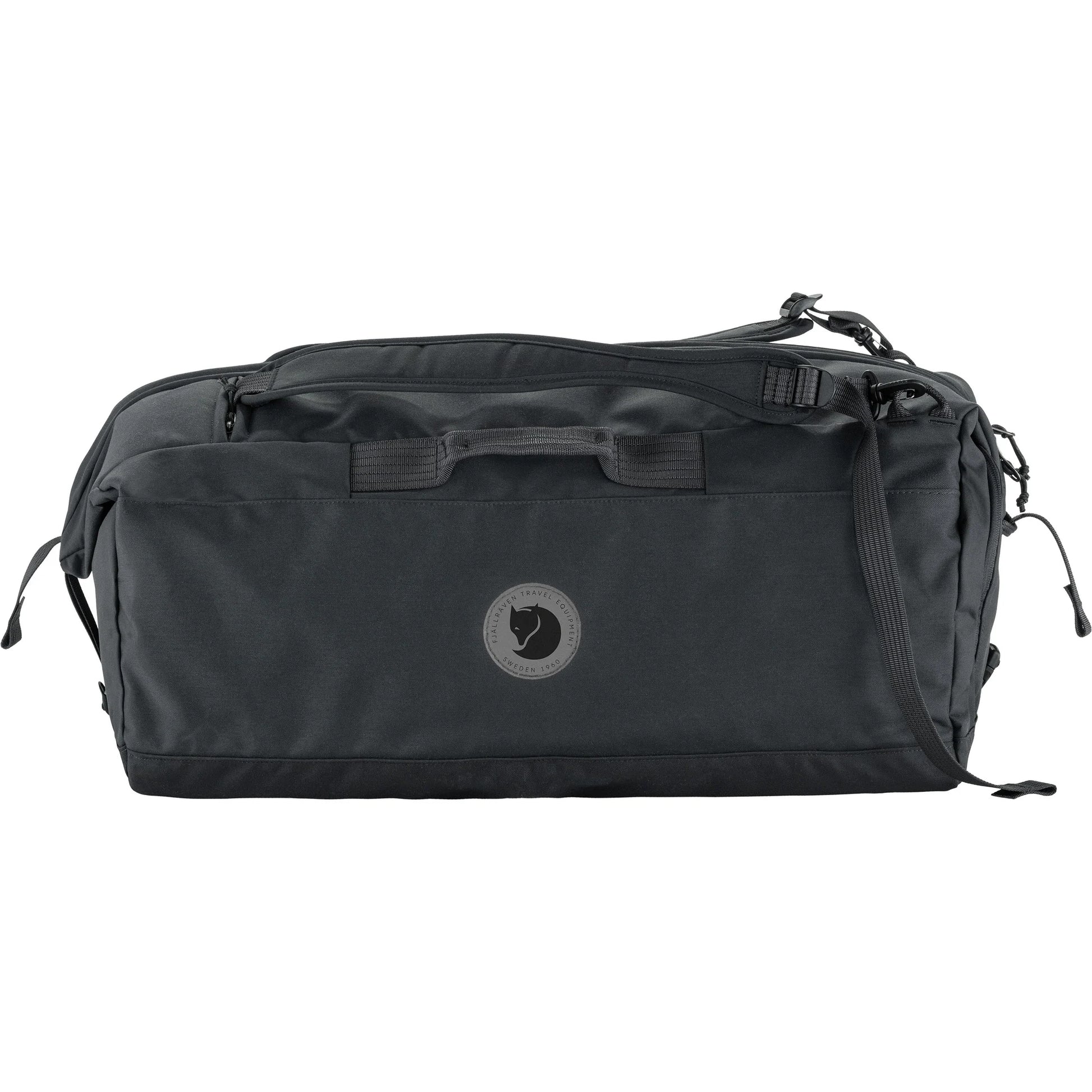 Black duffel bag with a logo on a white background
