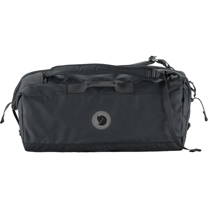 Black duffel bag with a logo on a white background