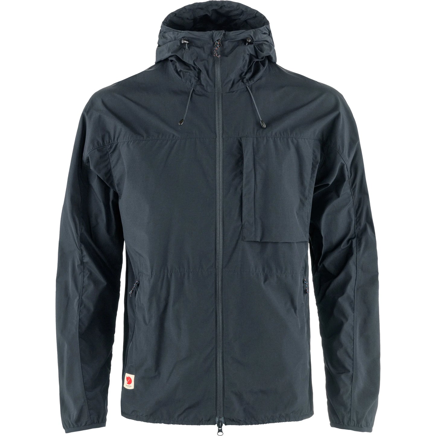 Dark gray jacket with a hood on a white background