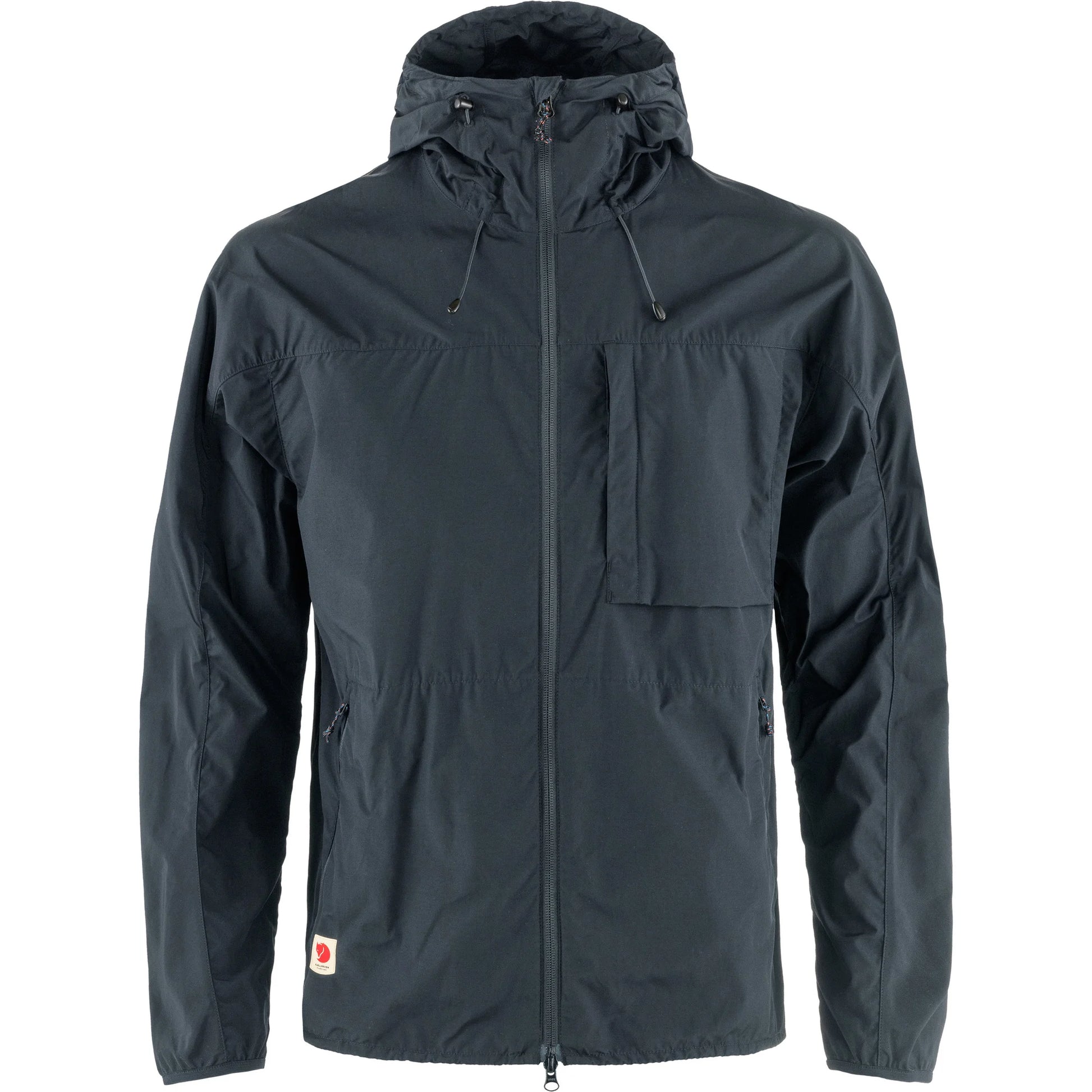 Dark gray jacket with a hood on a white background